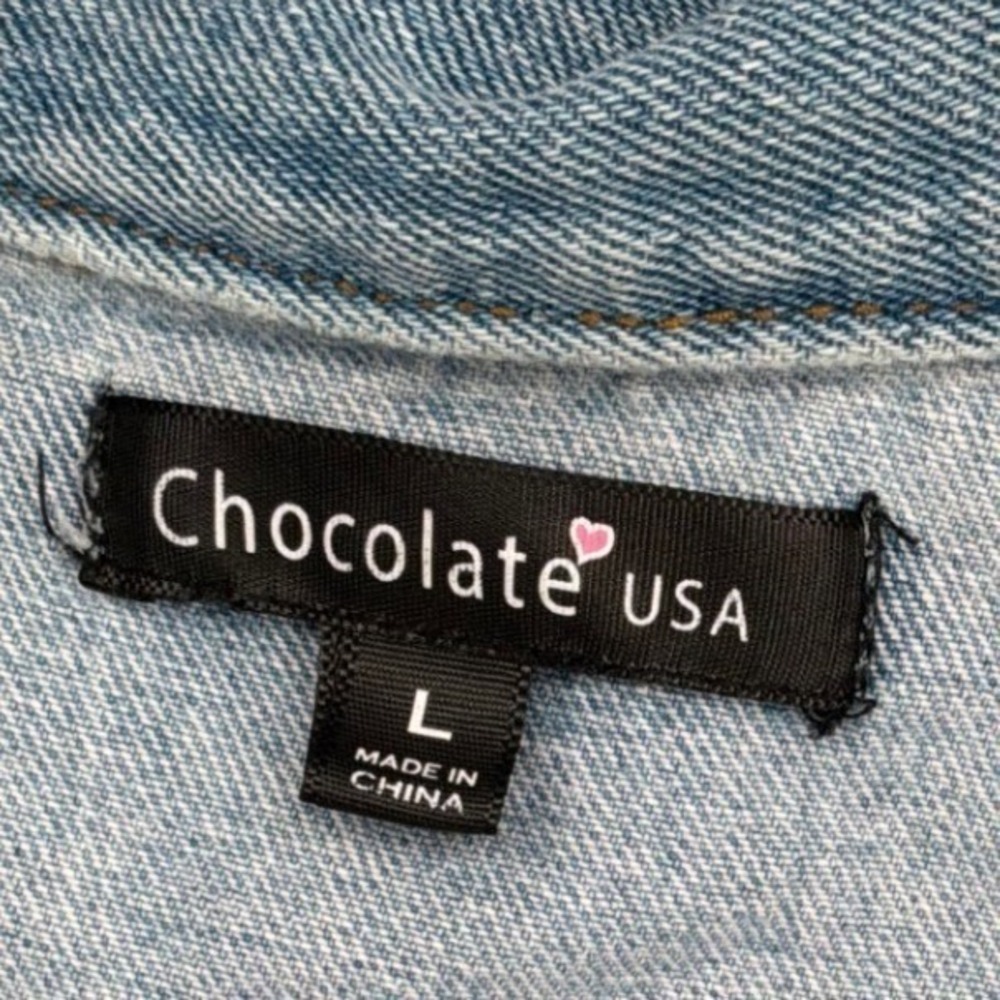 Chocolate USA Large Distressed Denim Jacket Raw Hem Cotton - Picture 3 of 4
